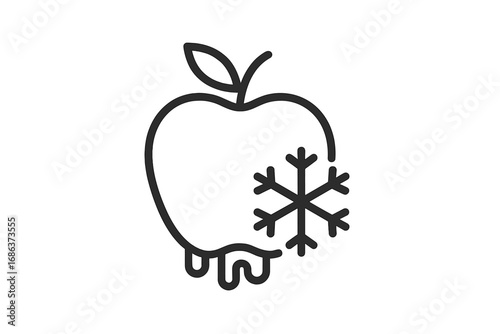 Frozen apple icon, defrosting fruit symbol. Melting food concept for freezing storage. Cold fresh dessert pictogram for graphic design, web, apps. Vector line illustration.