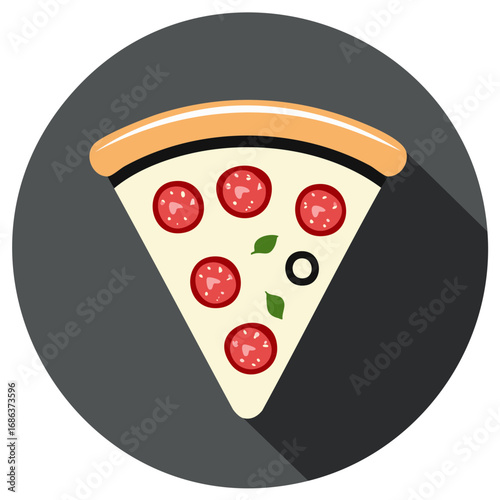 Flat design pepperoni pizza slice icon with long shadow. Vector illustration for menu or delivery app.
