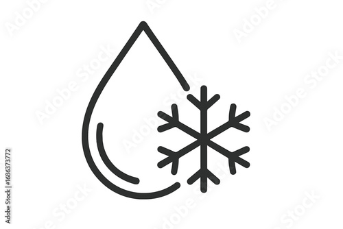 Freeze water line icon. Snowflake and drop symbol. Melting, defrosting concept. Cold temperature, winter, weather, refrigeration sign. Vector outline logo for app, web, ui, ux.