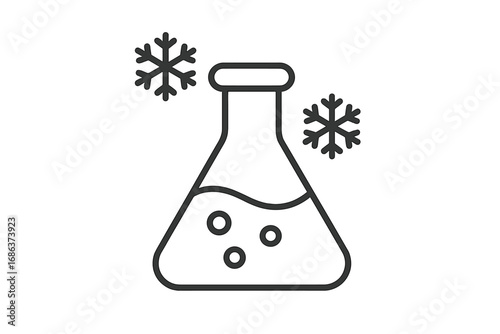 Science lab research line icon. Cold chemistry experiment concept. Frozen liquid in a flask with snowflakes. Vector symbol for cryo, biology, freezing, and preservation technology.