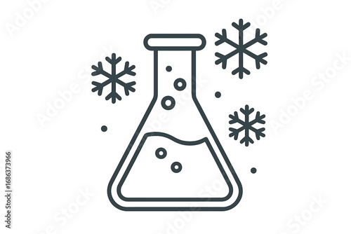 Science experiment line icon. Laboratory flask with frozen liquid and snowflakes. Cold temperature research, cryogenics concept. Chemistry, biology vector illustration.