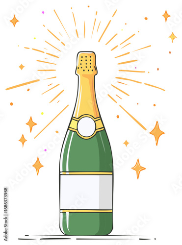 Festive champagne bottle illustration with golden pop and sparkling celebration