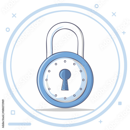 Cartoon blue padlock with keyhole inside decorative circle on white background