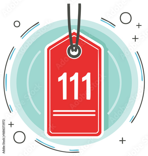 Vibrant Red Tag Icon with White Digits Against Turquoise Round Lines Background