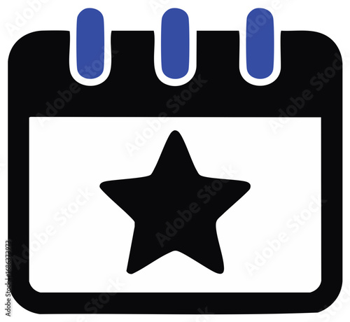 Calendar Icon with Star, Date Reminder, Black and Blue Graphical Element