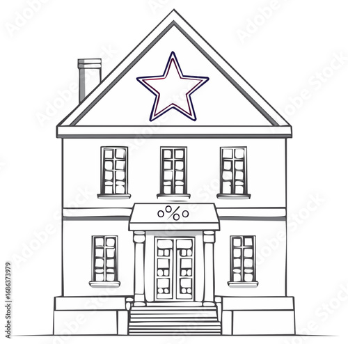 Classic two story building with star symbol above a portico with stairs and percentage sign sketch style rendering