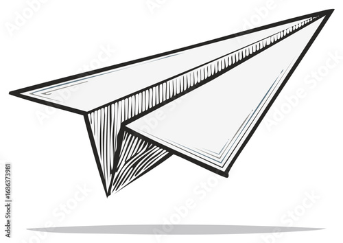 Hand drawn illustration of a paper airplane gliding with shadow