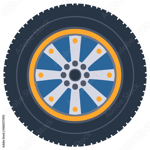 Car Tire with Blue Rim and Silver Spokes in an Automotive Flat Design