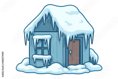 Winter house covered in snow and icicles. Frozen home in cold weather. Cartoon vector illustration of a blizzard. Ice, seasonal icon for winter concepts. Frozen cabin cottage.