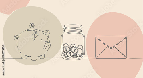 piggy bank, savings jar, and cash envelope