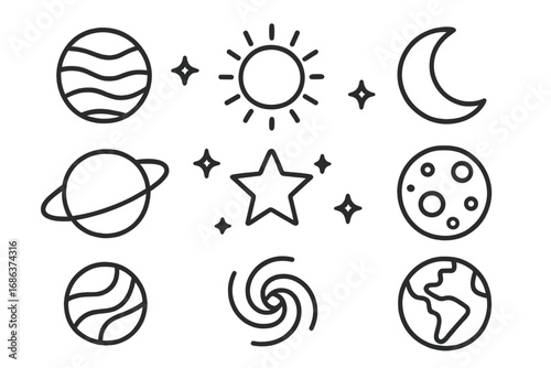 Space line icon collection. Cosmos, planet, sun, moon, and star outline symbols for graphic and web design. Astronomy vector pictogram set. Earth, galaxy, and saturn signs.