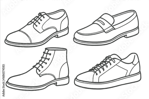 Men's shoes set linear outline collection. Vector illustration of classic footwear: dress shoe, loafer, boot, and sneaker. Male fashion icons for men. Isolated graphic elements.