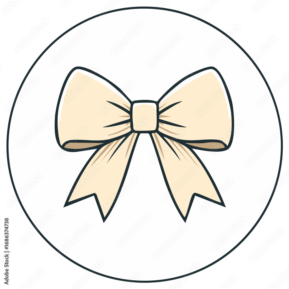 Classic Cream Bow Symbol Isolated in Circle with Dark Outline Vector Illustration