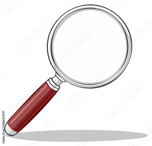 Magnifying glass illustration with shadow and red handle isolated