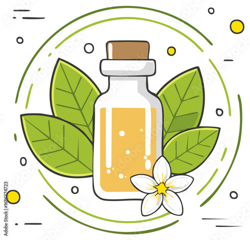Essential oil bottle with leaves and flower illustration aromatherapy