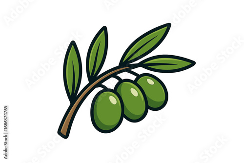 Green olive branch with leaves and fruit. Vector icon logo illustration for olive oil, mediterranean food. Natural organic product symbol. Isolated cartoon style drawing.