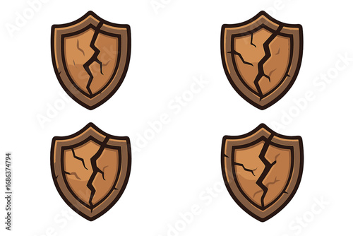 Cracked shield icon set. Broken stone defense symbol. Game UI element for damage or weak armor. Vector cartoon illustration of vulnerability, defeat, and failed protection.