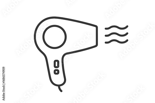 Hair Dryer Vector Icon Illustration. Modern Line Art Electric Blow Dryer Symbol with Air Flow. Isolated Salon Tool for Web, Apps, Branding, Beauty, Hairstyling, Hair Care, Cosmetic Design.
