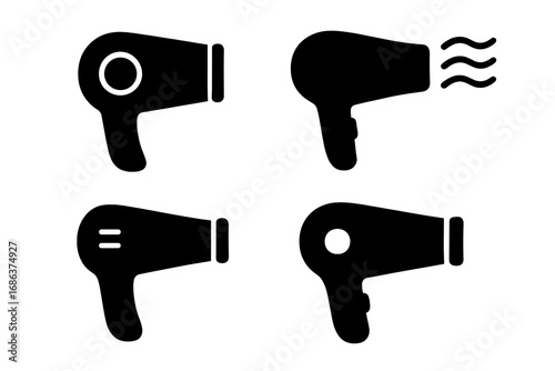 Hair Dryer Icon Collection, Minimalist Black Vector Set. Hairdressing Salon Appliance Silhouette. Simple Hairdryer Symbol for Web, Apps, Books, Card Design. Transparent Background Illustration