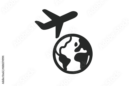 Airplane Flying Above Globe Minimalistic Vector Icon for Travel, Tourism Industry, International Flights, Global Transportation, Worldwide Mobility, Modern Web Apps, Banners, Graphic Design Concepts