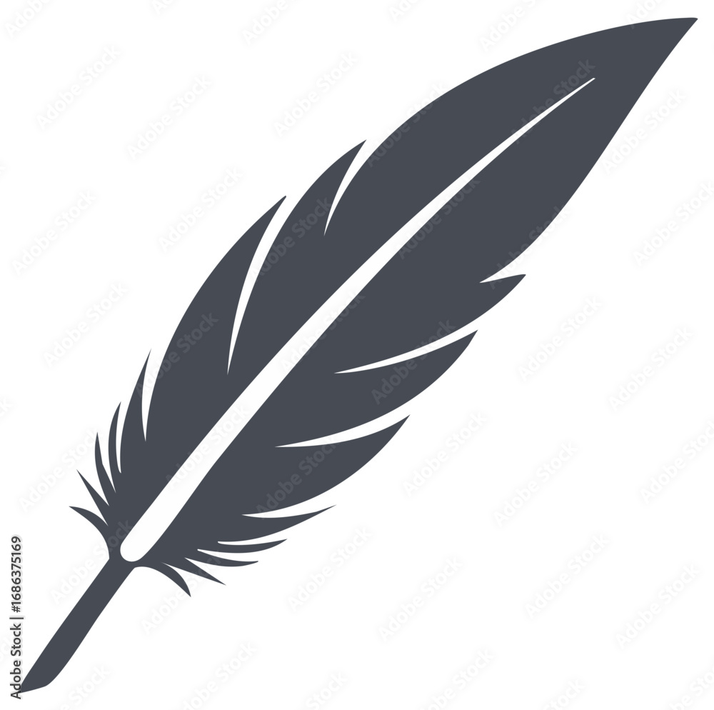Fototapeta premium Single bird feather illustration, writing quill with detailed design, ink pen for writing or sketching, isolated vector