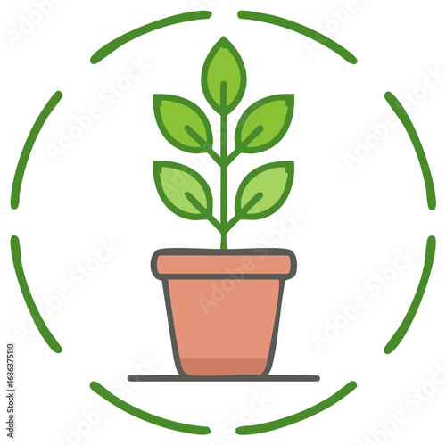 Potted plant growth vector illustration, green leaves in a pot with protective lines.