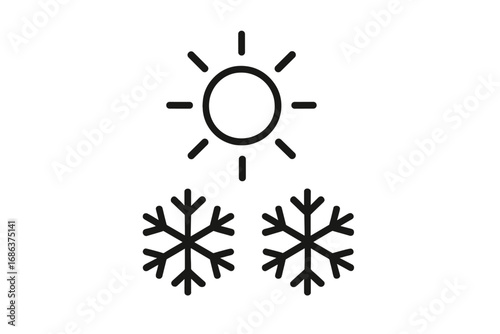 Weather forecast line icon set. Sun and snowflake symbols. Hot and cold temperature. Summer and winter season concept. Climate change metaphor. Contrast, opposition symbol.