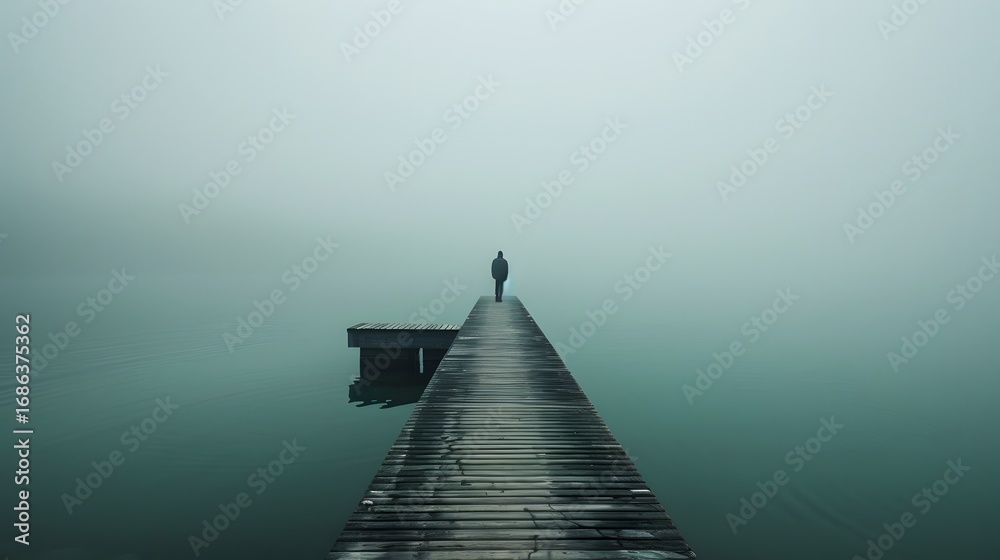 Obraz premium Isolated man at end of long foggy pier overlooking tranquil lake fading into empty white negative space, concept of loneliness, perspective and serene minimal design background