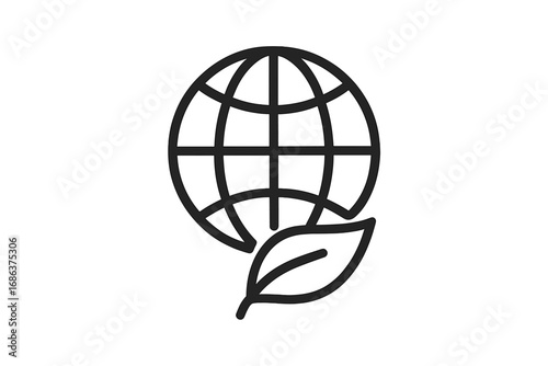 Minimalistic eco-friendly globe and leaf icon vector. Earth environment pictogram. Sustainable green planet symbol for web, apps, banners, marketing, ecology, conservation, climate change, business
