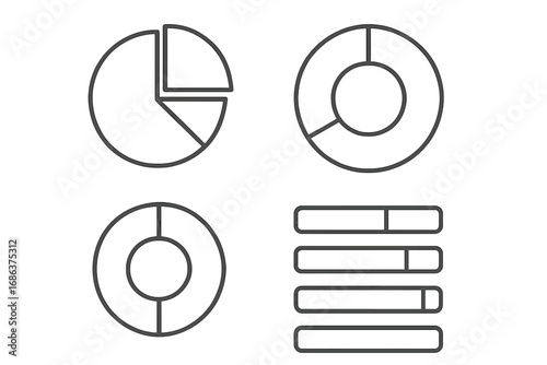 Infographic elements for data visualization. Pie chart, donut chart, and progress bar diagrams for business reports and statistics. Vector line icon set for data analysis.
