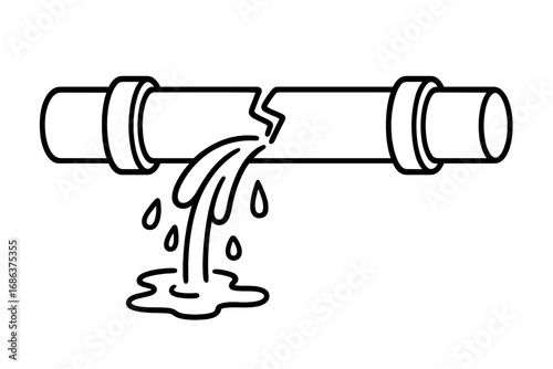 Broken water pipe leaking liquid. Plumbing emergency. Vector cartoon illustration. Concept for water leak, pipeline repair, drainage, burst pipes, hydro problem, infrastructure damage, maintenance.