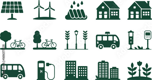 Sustainable Cityscape Icons Set Vector Illustration Green Energy Environment Urban Life