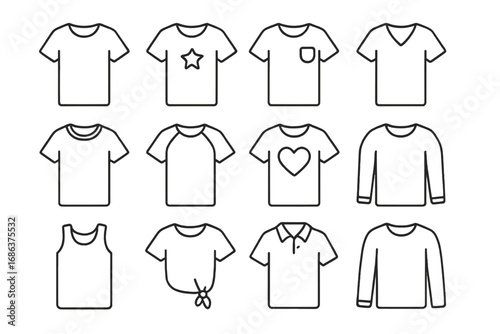 T-shirt icon set. Collection of clothes and apparel symbols. Outline vector illustration of various shirt types: polo, long sleeve, tank top. Simple linear fashion graphics.
