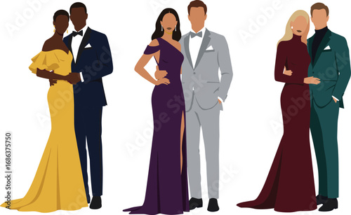 Elegant couples in formal evening attire, showcasing stunning gowns and tuxedos, perfect for wedding, gala, or special event vector illustrations
