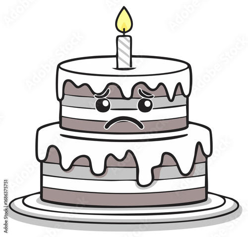 Two tier cake with sad face and single candle on a plate