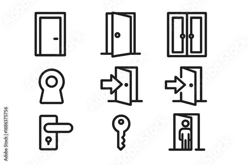 Door line icon set. Vector symbols for entrance, exit, login, and logout. Includes key, keyhole, and handle icons. Editable stroke for UI/UX, web, and app design.