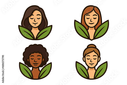 Set of diverse women faces with leaves for a beauty or spa logo. Natural wellness concept. Vector cartoon illustration for cosmetics, skin care, and organic products symbol.