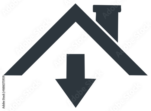 Stylized house roof and chimney with a large downward arrow indicating reduced home value or costs