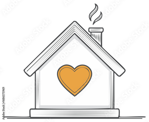 Cozy home with heart symbol and smoke coming from chimney symbolizes warmth and love
