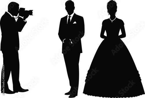 Silhouettes of a photographer capturing a formal couple in elegant attire, highlighting a wedding or formal event photoshoot with a professional setup