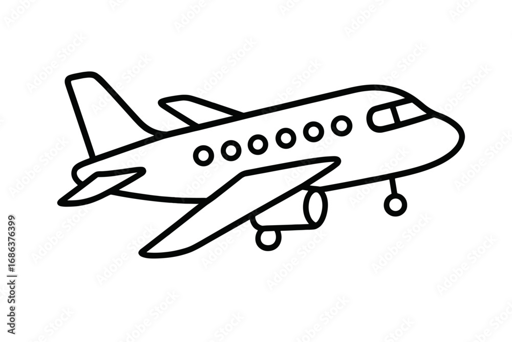 Fototapeta premium Airplane outline vector illustration. Cartoon jet, passenger plane, aircraft icon for graphic design, app UI, advertising, holiday card, web banner, travel concept, transport, commercial aviation