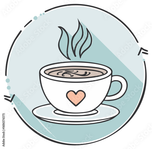Cute Cartoon Cup of Coffee with Steam and Heart Symbol