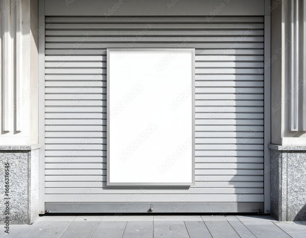 Fototapeta premium Blank Poster Mockup Pasted on Closed Metal Shop Shutter, Urban Street Scene, Editable Flyer Template