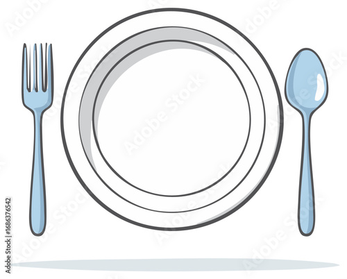 Simple graphic illustration of a plate with fork and spoon, ready for a meal