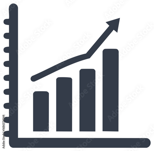 Diagram showing a growth trend with bar graph and arrow going upward trending icon
