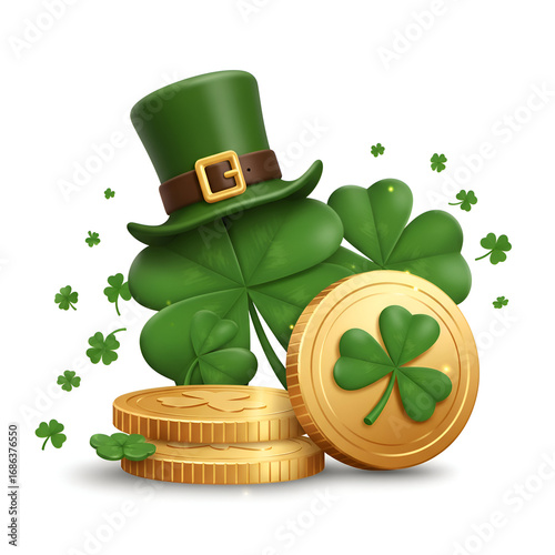 A vibrant, 3D stylized leprechaun hat, coins, and shamrocks with a bright, festive design is ideal for advertising or social media content for St. Patrick's Day.