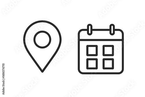 Location Pointer and Calendar Icon Set Minimalistic Black Line Vector Illustration for Web Design, Mobile Apps, Banners, Social Media, Event Planning, Booking, Schedule, Transparent Background