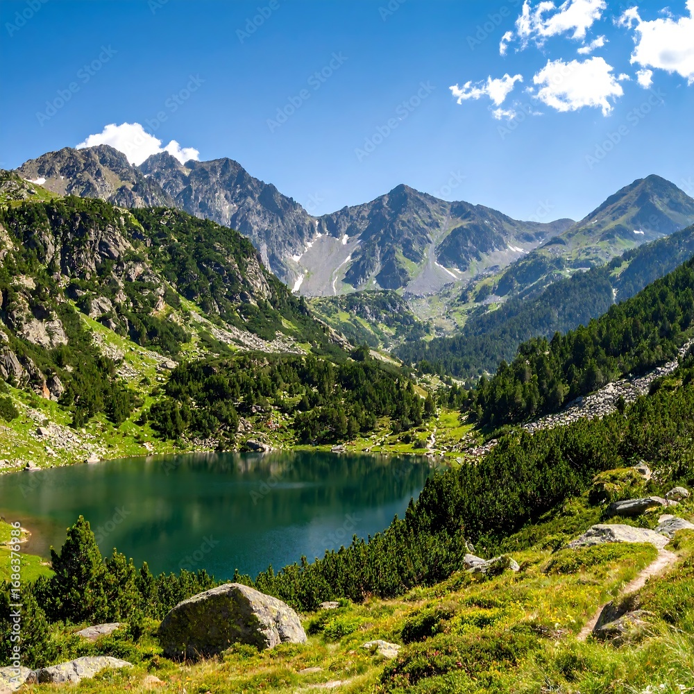 Fototapeta premium Mountain lake vista under a clear sky (1)