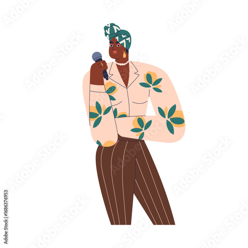 African-American female singer, jazz and soul music artist. Black woman holdi...