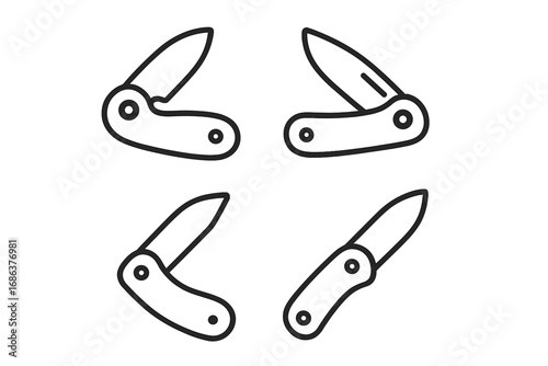 Set of folding knife icons in a modern outline style. Vector illustration of a pocketknife, penknife, and jackknife for camping, survival, or everyday carry (EDC) tool.